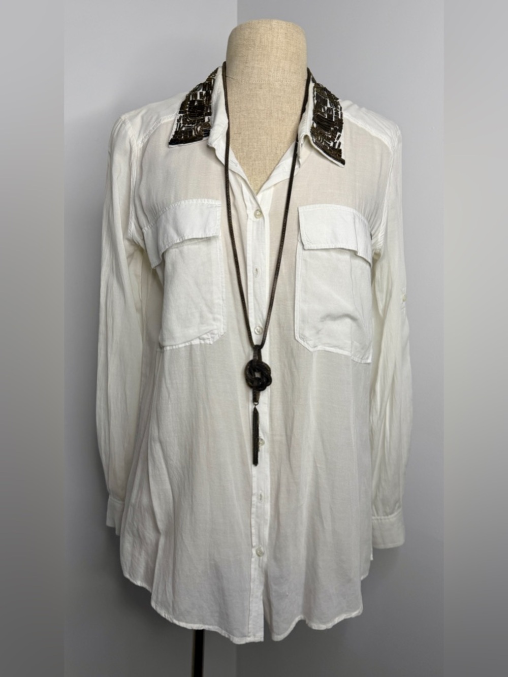 IKKS: Cream Long Sleeve Button-Up Top with Embellished Collar